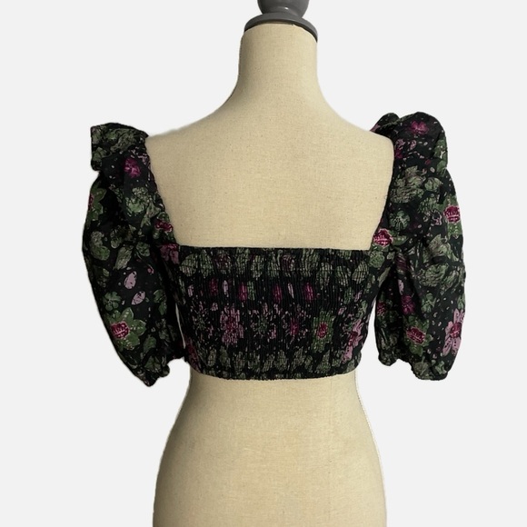 Zara Bustier Top Cropped Floral Smocked Back Puff Sleeve Size Small NWOT - Picture 4 of 10